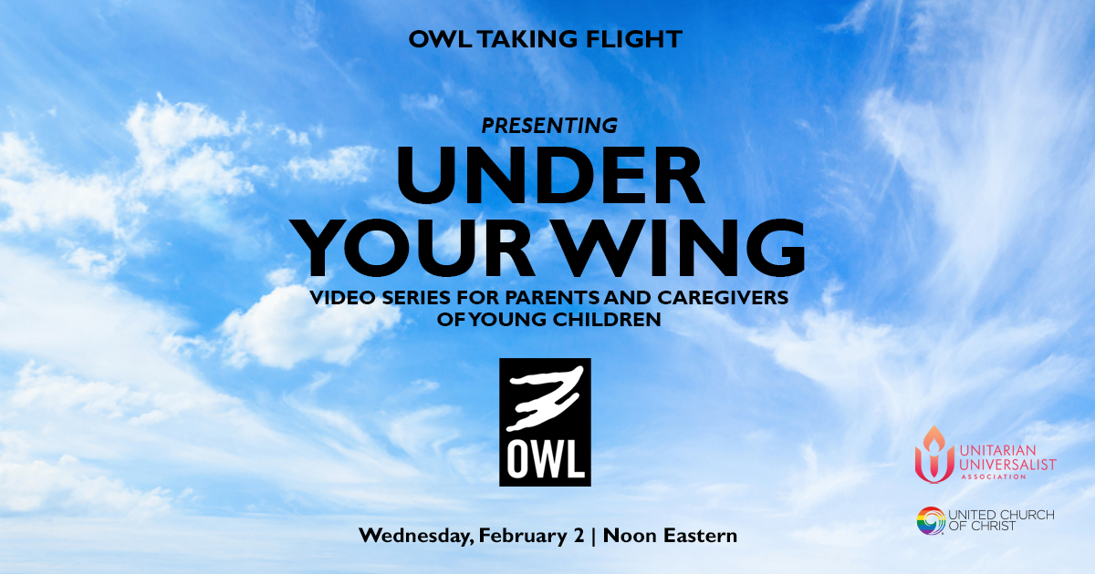 Picture of a partly sunny sky with the words, "OWL Taking Flight: Under Your Wing; Video series for parents and caregivers of young children." Wednesday, February 2, Noon Eastern